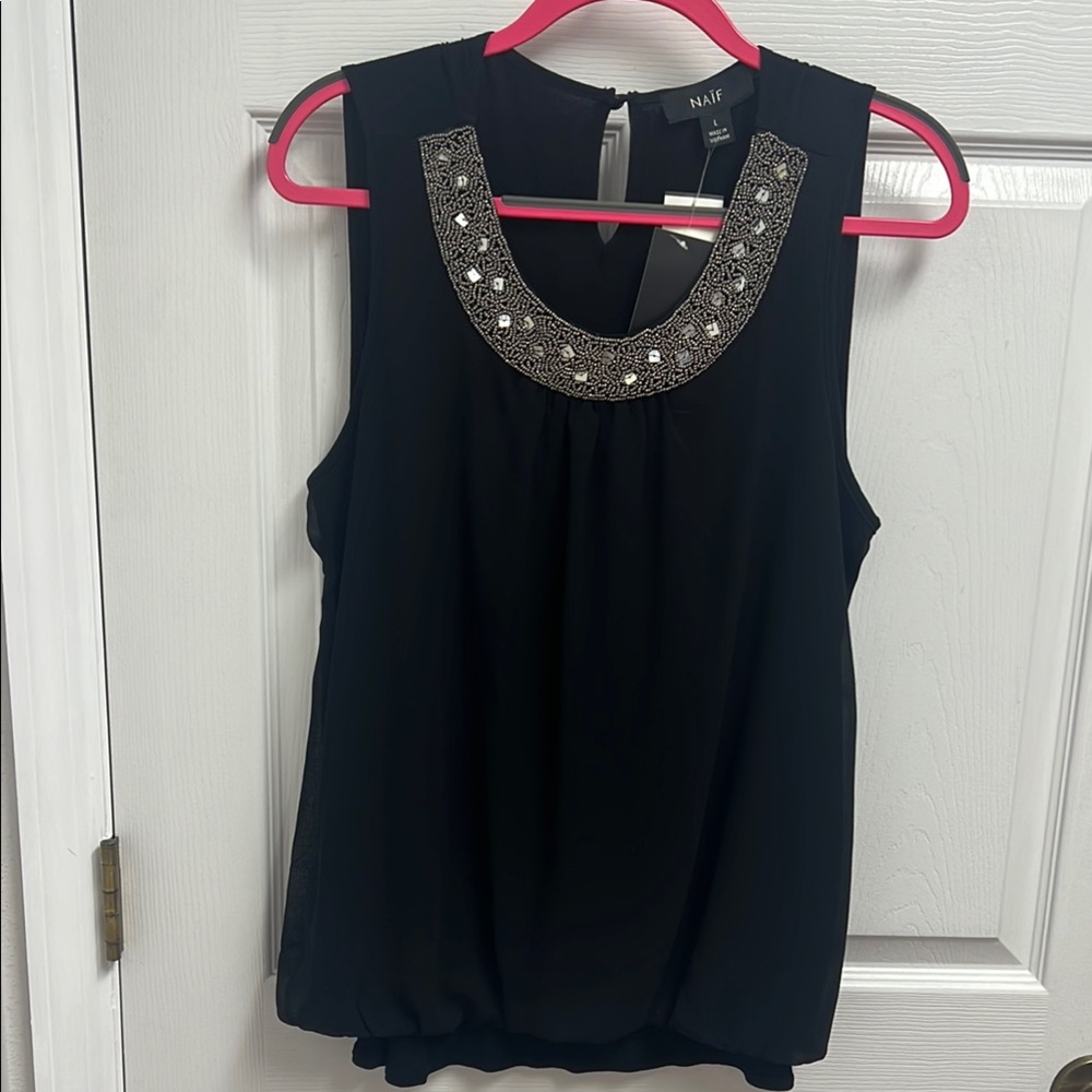NAIF Black Embellished Blouse with Silver Neckline